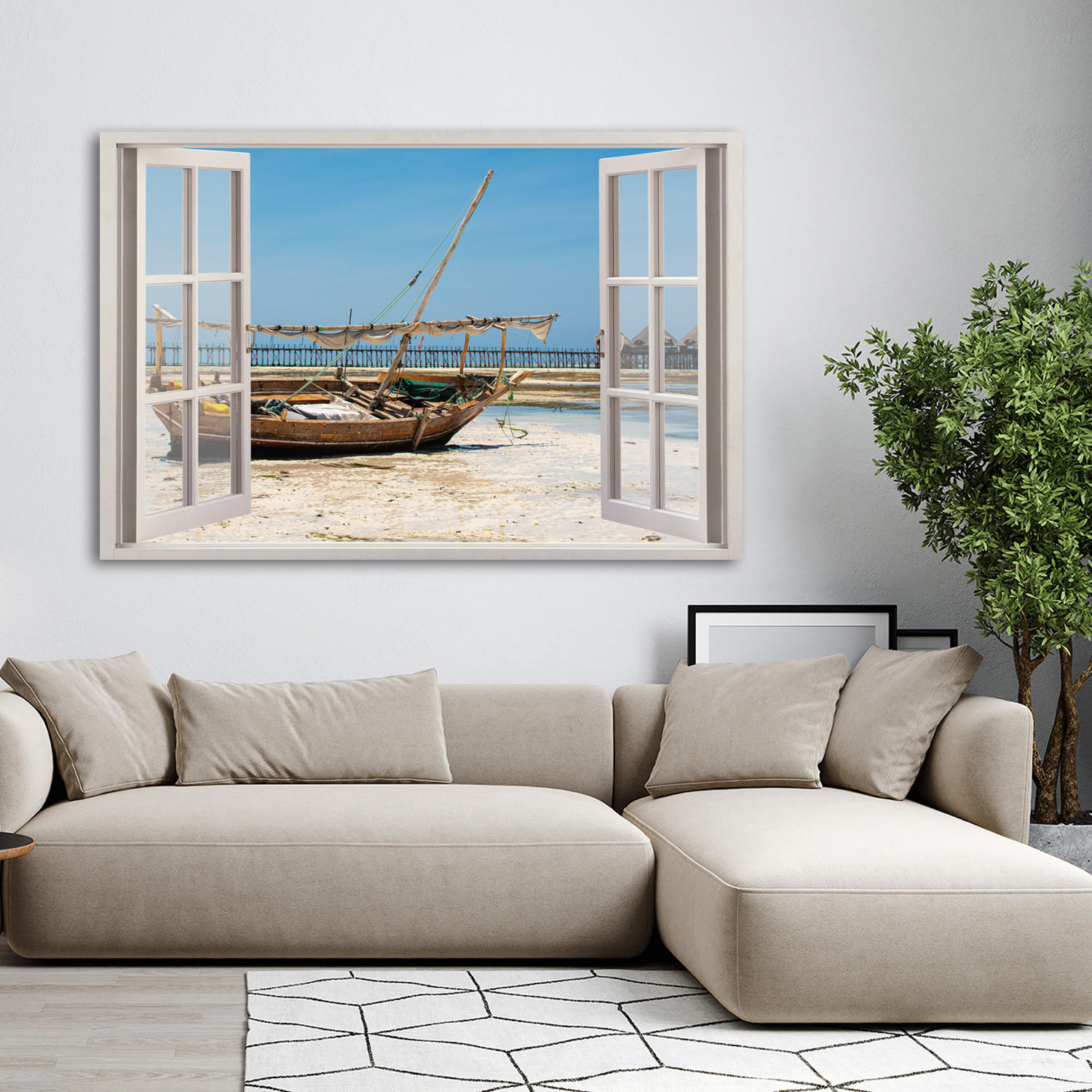 WANDBILD fensterblick tropisches meer boot - Blau, Textil (60/40cm) - Feeby