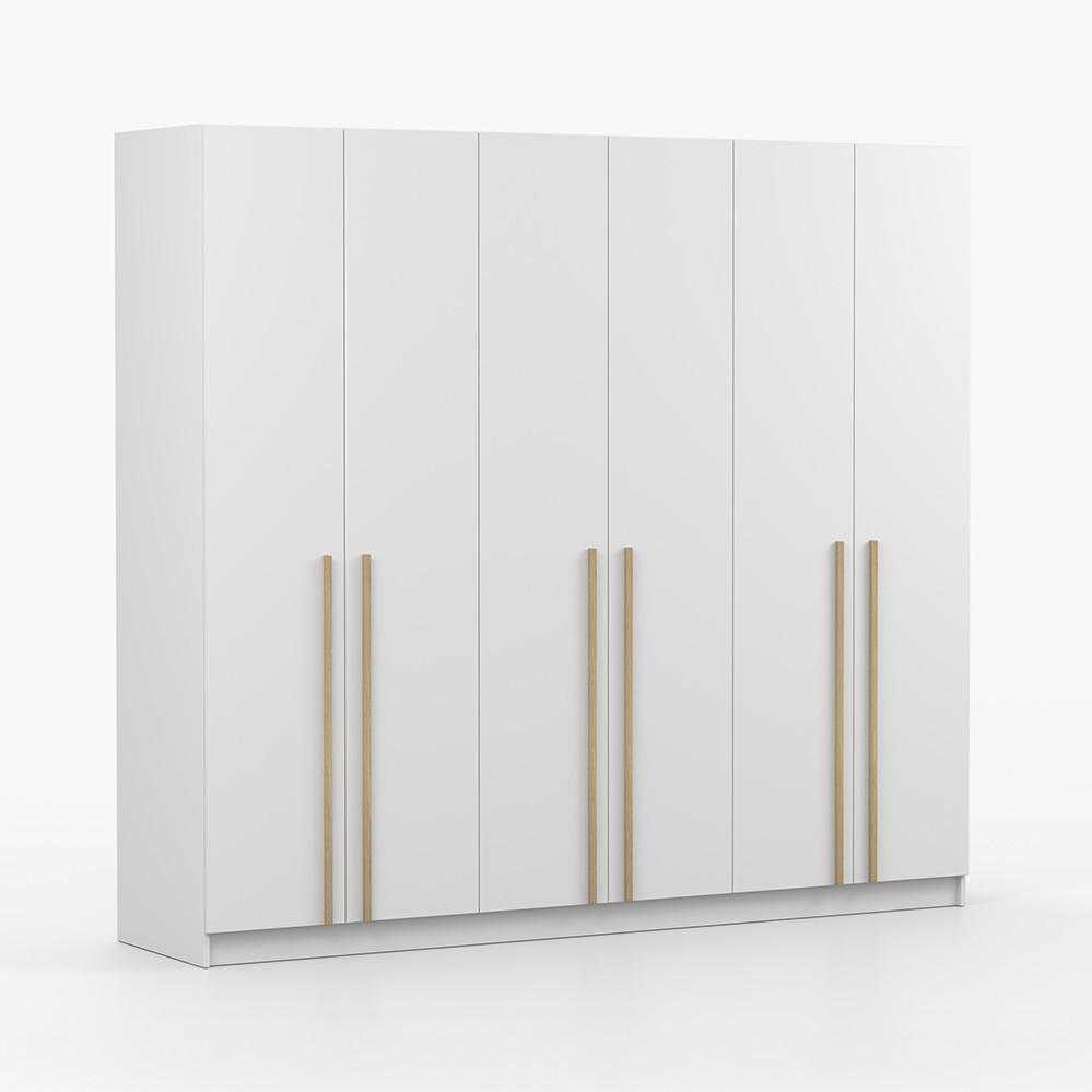 DREHTÜRENSCHRANK SEVILLA 6D 230 cm Weiß/Weiß, 6-türig, Holzgriffe - Eukalyptusholzfarben/Weiß, Holz/Holzwerkstoff (230/210/57cm) - imoebel24