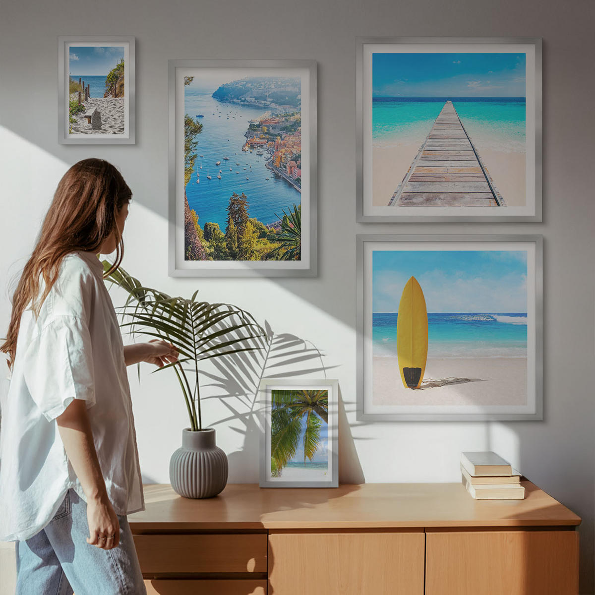 BILDER SET 5er Set - 50x50 cm & 20x30 cm & 40x60 cm Silberner Rahmen - Urlaubsblick Strand Palmen - Silberfarben, Kunststoff (40/60cm) - TULUP