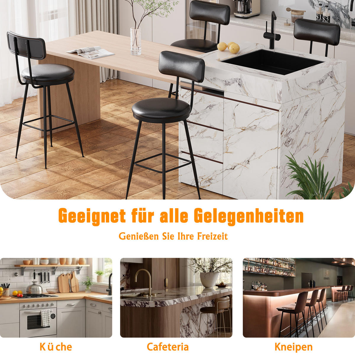 BARHOCKER 2er Set Metallgestell Kunstleder Rückenlehne Fußstütze 65 cm schwarz - Schwarz, Holz (38/85.5/38cm) - Fortuna Lai
