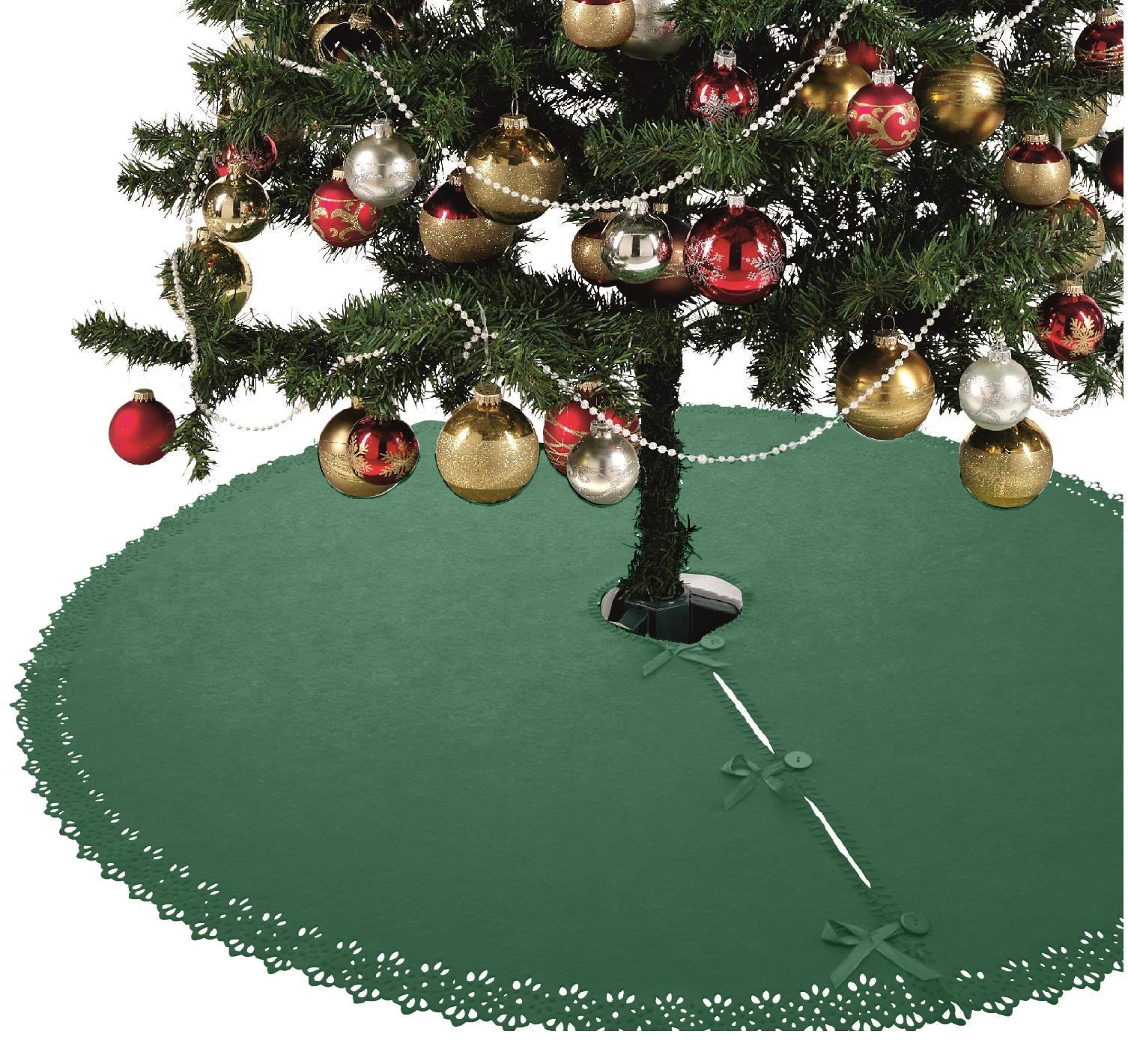BAUMUNTERLAGE Weihnachtsbaum-Decke dunkelgrün 120 cm rund mit Knöpfen und Satin-Schleifen - Dunkelgrün, Textil (120/120cm) - wometo