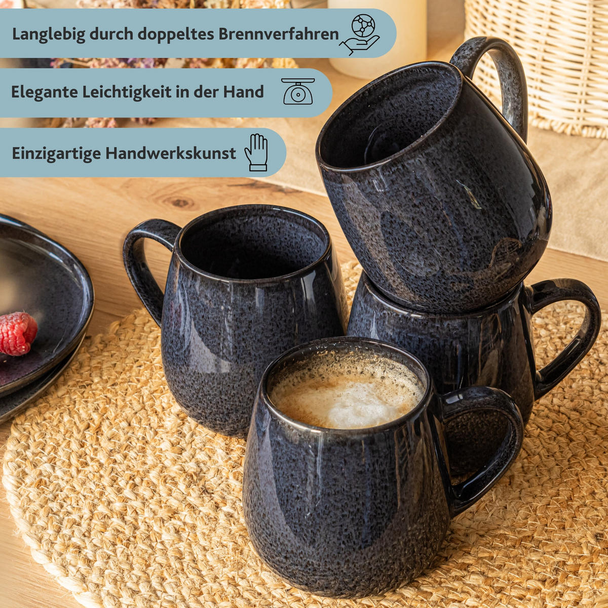 KAFFEEBECHER SET BALI - 4 teilig aus Steingut - Grau, Keramik (26/14/24cm) - Sänger