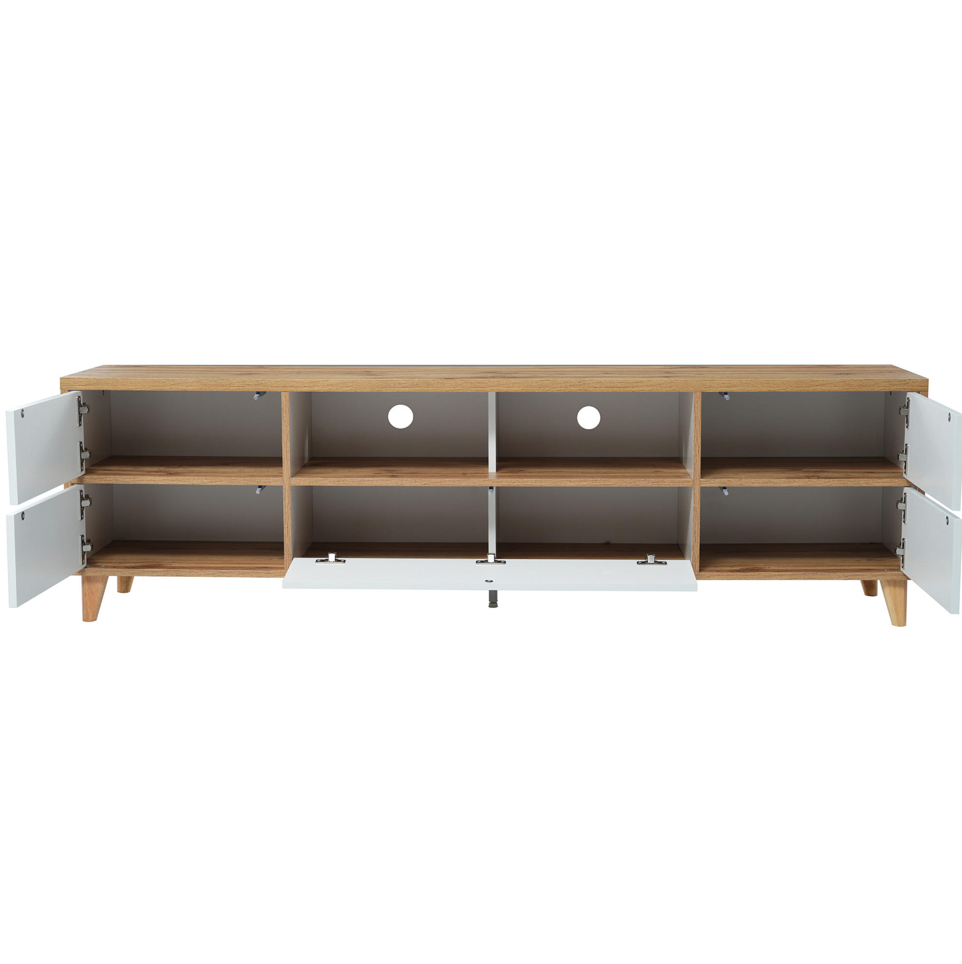 Redom TV stolek 175/37/51 cm se 4 dvířky, úložným prostorem a dřevěnými nohami, Bílá