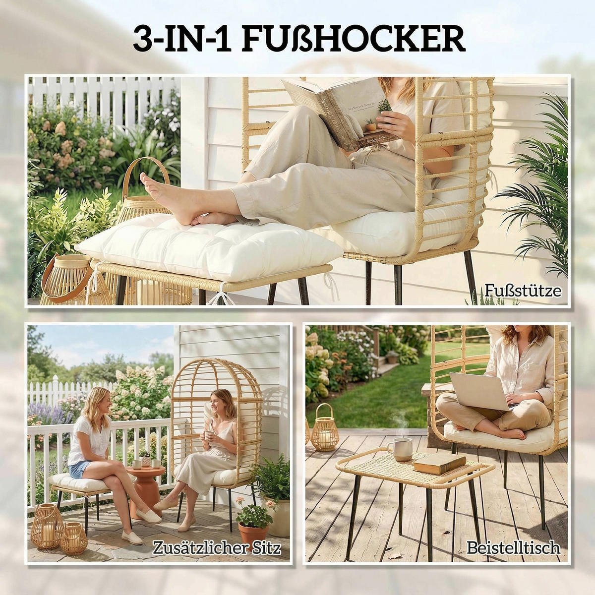EIERSESSEL PE-Rattan Stahl Beige - Beige/Creme, Kunststoff/Textil (65/147/76cm) - Outsunny