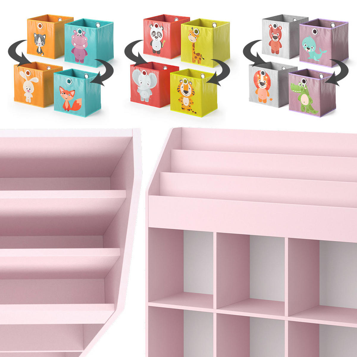 KINDERREGAL Luigi Rosa 107.2 x 114.2 cm mit 6 Faltboxen (bunt) - Pink, Holzwerkstoff (107.2/114.2/31.2cm) - Vicco