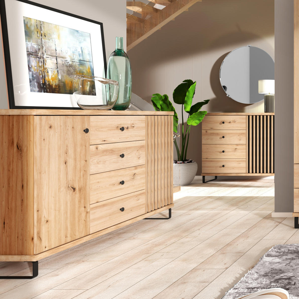 SIDEBOARD NAKUSP C4 Lamellen Eiche Artisan - Schwarz/Eiche Artisan, Glas/Holzwerkstoff (143/86/41cm) - Komodee