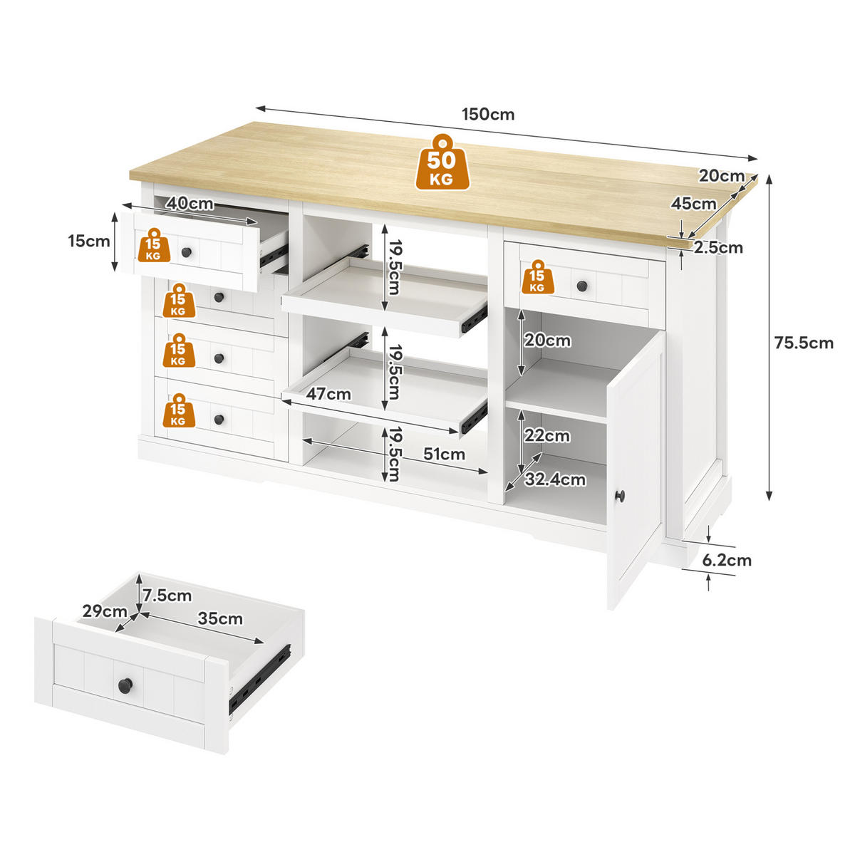 SIDEBOARD mit 5 Schubladen, 2 Ausziehböden und klappbarer Erweiterungsplatte, integrierte Steckdosen, 150/65/75 cm, Weiß und Natur - Weiß, Holzwerkstoff (150/75/65cm) - Redom