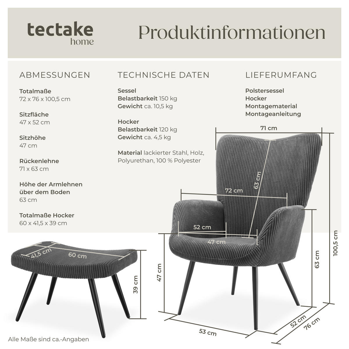 SESSEL Hygge,72 x 76 x 100,5 cm,Breitcord anthrazit/schwarz - Anthrazit/Schwarz, Kunststoff (72/100.5/76cm) - tectake