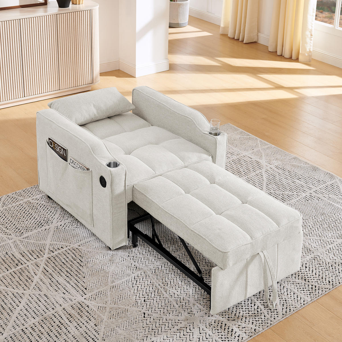 RELAXSESSEL 190/85/86 cm Beige mit USB-/Typ-C-Anschluss und Seitentasche - Beige, Textil (190/86/85cm) - Oxeza