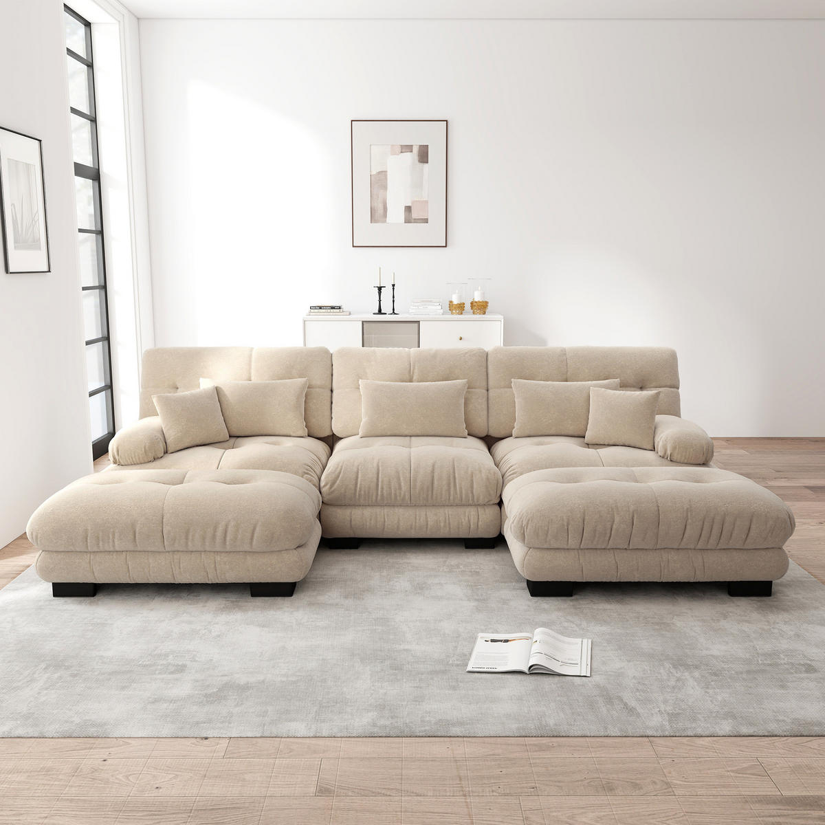 ECKSOFA mit beweglichen Ottomane, tiefem Sitz und Chenille-Bezug, Hellbraun - Cappuccino, Textil (313/145cm) - Redom