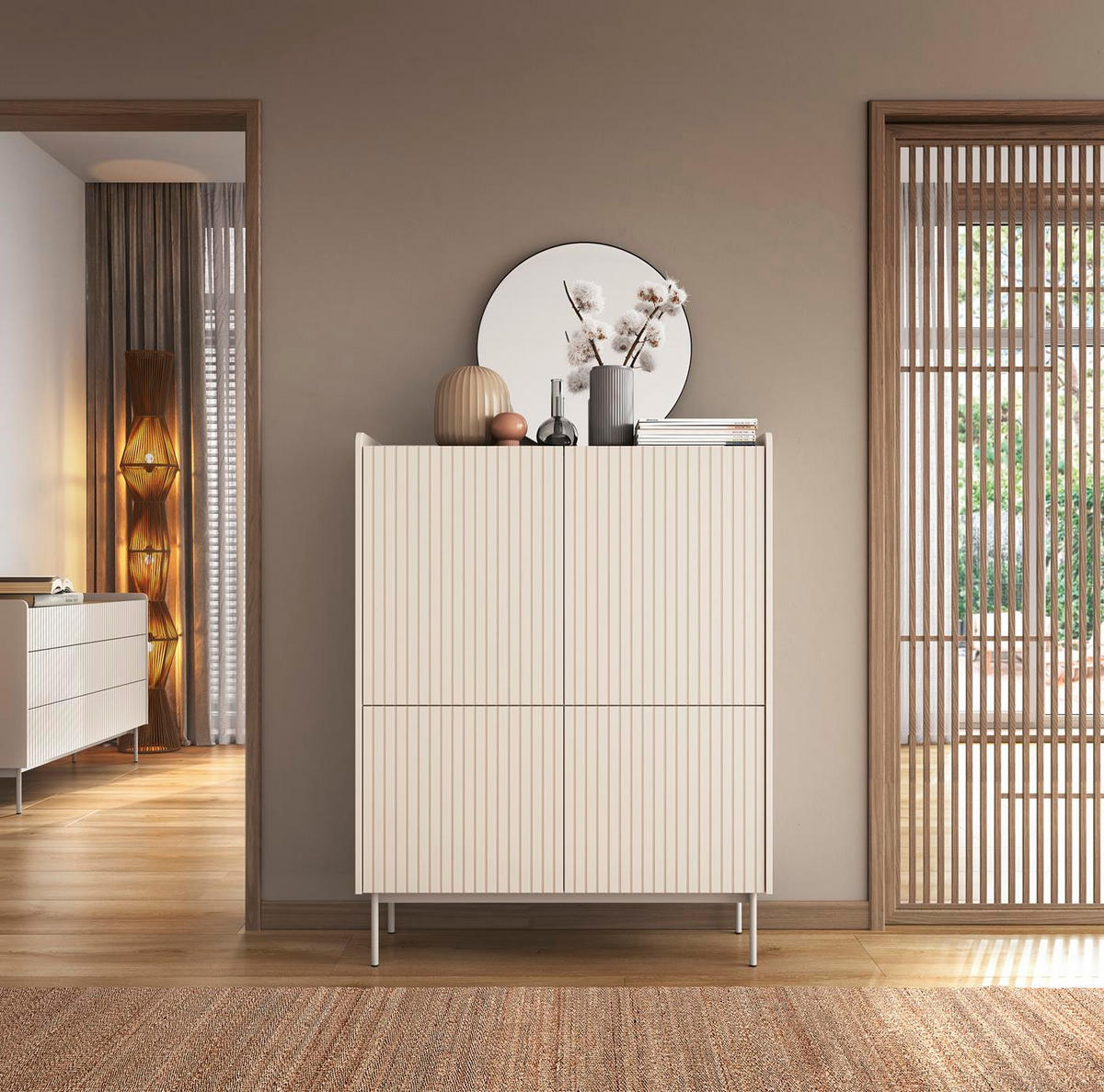 HIGHBOARD Levant Beige, Hochkommode - Beige, Holzwerkstoff (103/126/38cm) - Bettso
