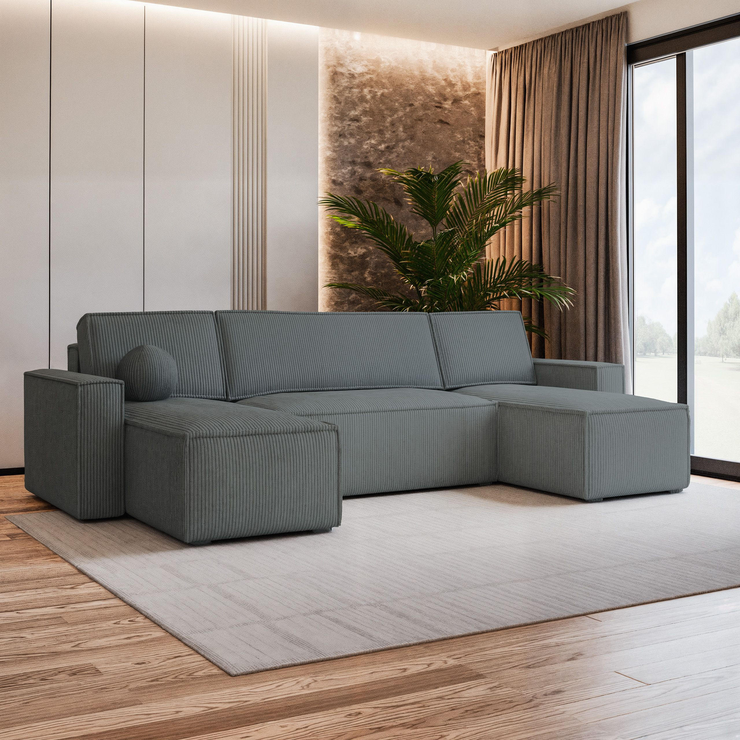 WOHNLANDSCHAFT PESANO P Grau Kordstoff mit Schlaffunktion - Grau, Holz (306/85/140cm) - MASSENO