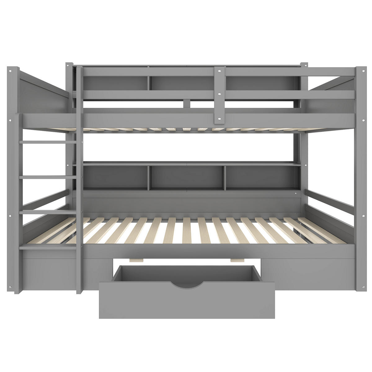 ETAGENBETT aus Kiefernholz und MDF 90x200 cm Grau mit Schublade, Ablagefächern und Sicherheitsgeländer - Grau, Holzwerkstoff (90/200cm) - Modfu