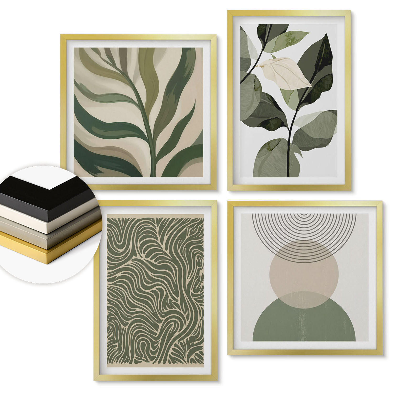 WANDBILDER 4er Set - 50x50 cm & 40x60 cm Goldrahmen - Blätter geometrische Formen abstrakt - Goldfarben, Kunststoff (50/50cm) - ArtPrintCave