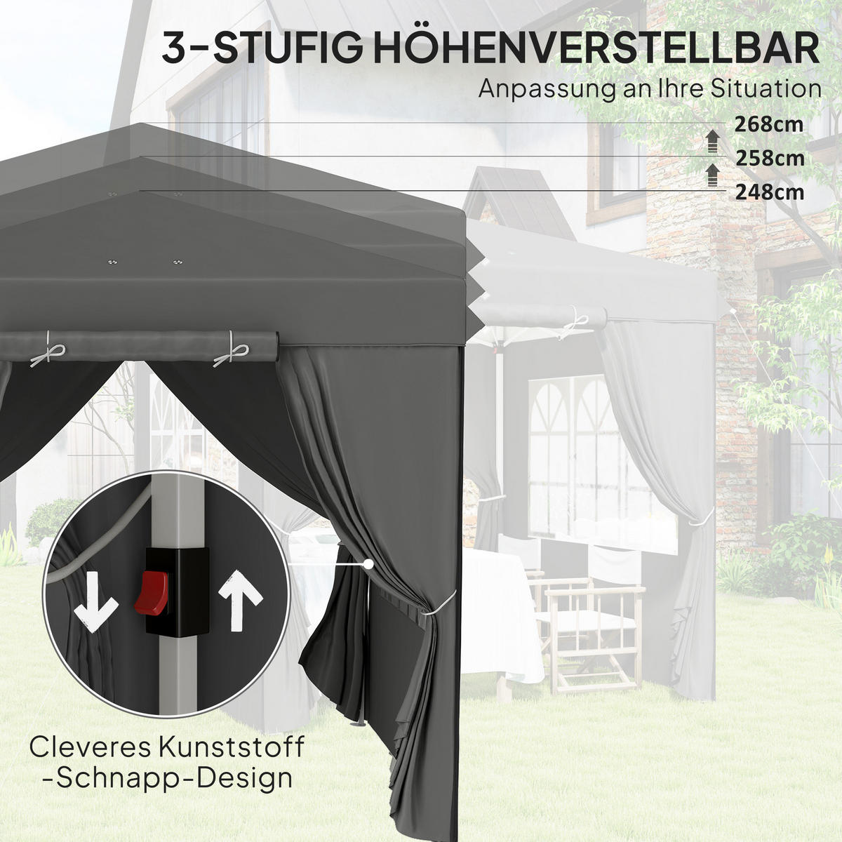 FALTPAVILLON 250/250/268 cm höhenverstellbar mit 4 Seitenteilen, UV-Schutz und Rolltasche aus Polyester, Dunkelgrau - Dunkelgrau, Textil (250/268/250cm) - Redom