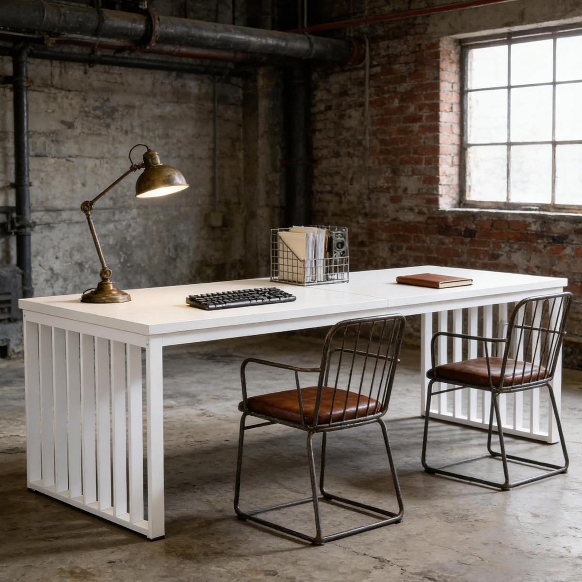 SCHREIBTISCH für 2 Personen 180 x 60 cm Holzoptik White - Weiß, Metall (180/60/76cm) - Meubliv