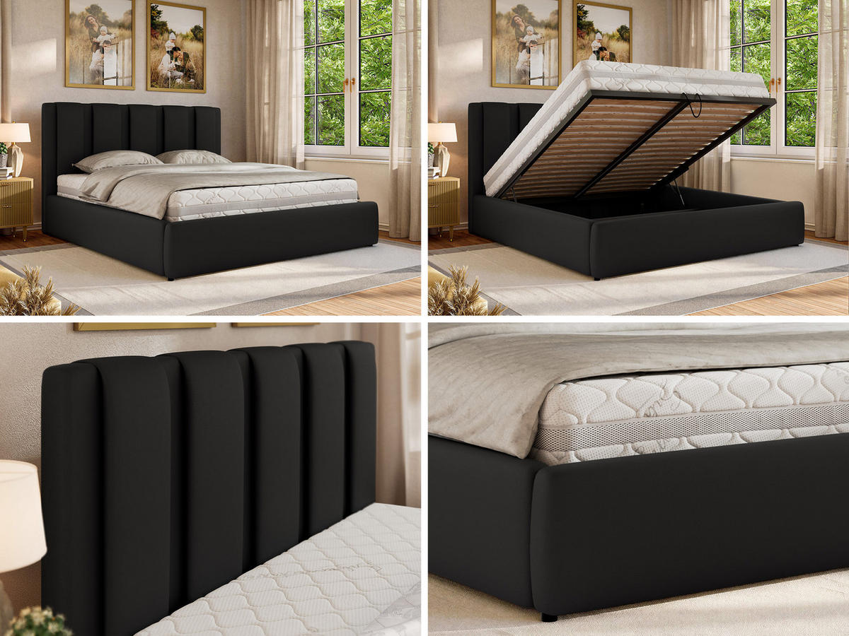 POLSTERBETT SAVINO CLASSIC 160/200 - Schwarz Kunstleder - Pocket-Matratze - Schwarz, Textil (160/200cm) - MKS