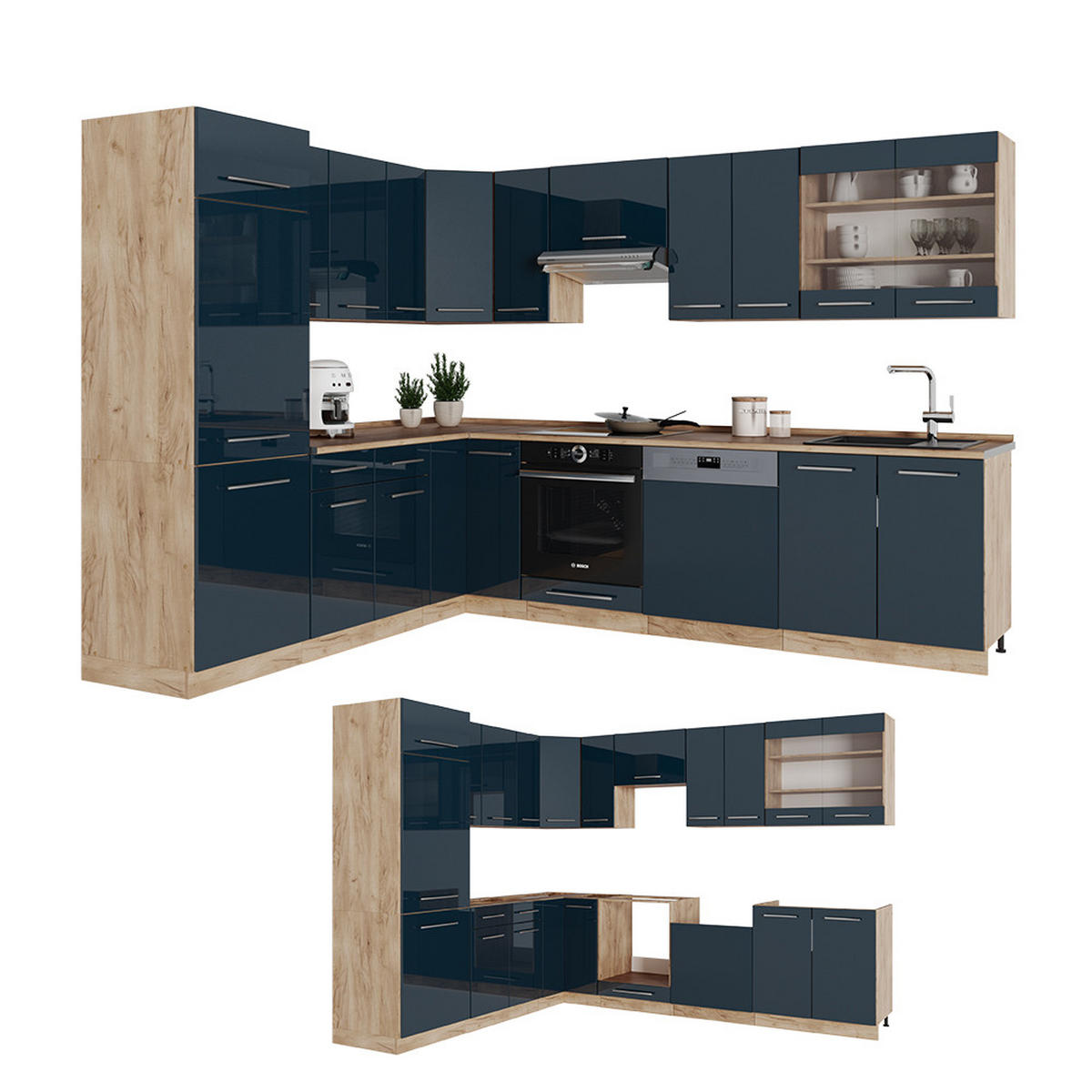 ECKKÜCHE Fame-Line Dunkelblau Hochglanz/Goldkraft Eiche 227x60 cm ohne AP - Honigeiche/Dunkelblau, Holzwerkstoff (287/81.6/46cm) - Vicco