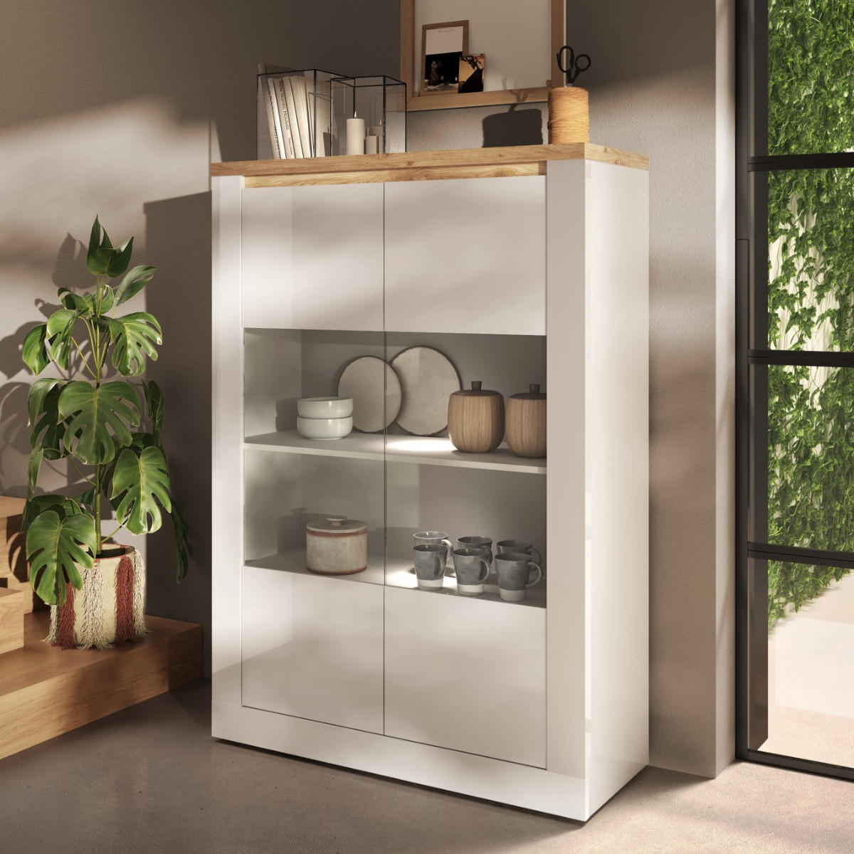 VITRINE mit 2 Türen, Beleuchtung, Eichendekor und Weiß 114/43/160 cm - Weiß, Holzwerkstoff (43/160/48cm) - Calicosy