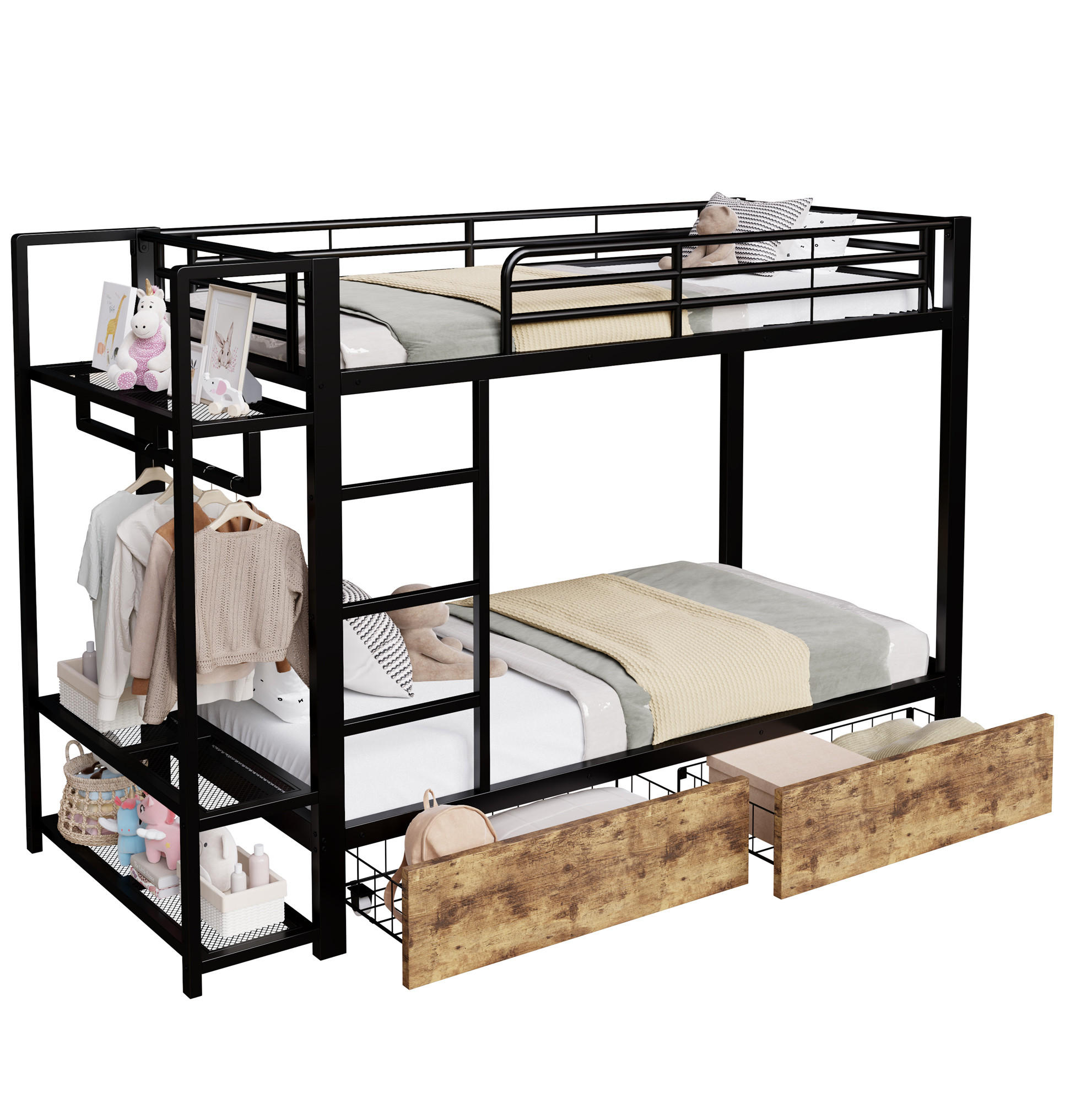 ETAGENBETT 90/200 cm aus Metall und MDF mit LED-Lichtleiste und Schubladen Schwarz - Schwarz, Metall (90/200cm) - Modenvie