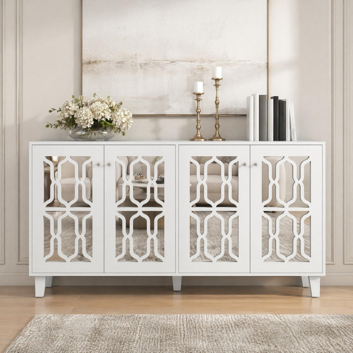 SIDEBOARD in Weiß mit Kristallgriffen und verstellbaren Einlegeböden für Wohn- und Esszimmer, B160/T40/H84 cm - Weiß, Glas/Holzwerkstoff (160/84/40cm) - STILVORA