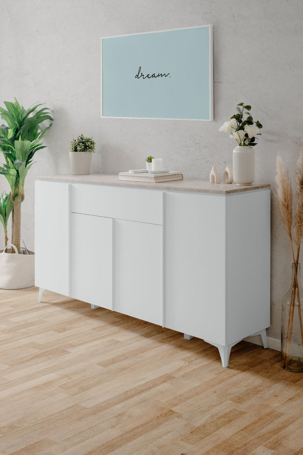 SIDEBOARD 4 Türen 1 Schublade L177 cm - BERTRIX - Weiß, Holzwerkstoff (177/92/40cm) - Finori GmbH