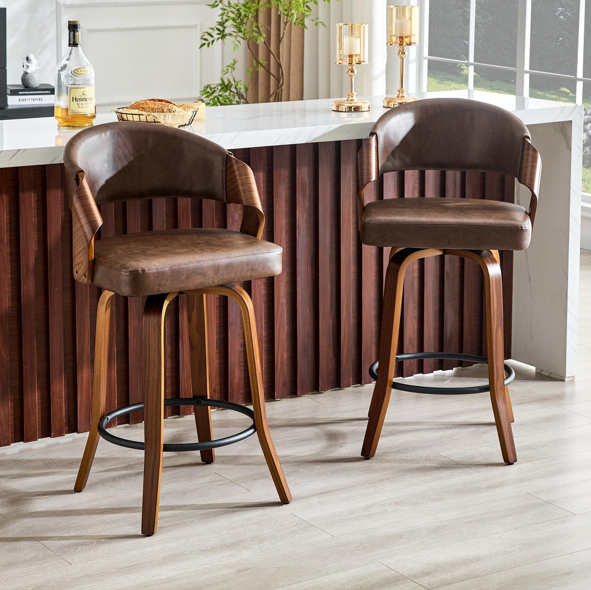 2ER-SET BARHOCKER mit Rückenlehne Braun Holz PU-Leder 95 cm - Braun, Holz (42/95/51cm) - Meubliv