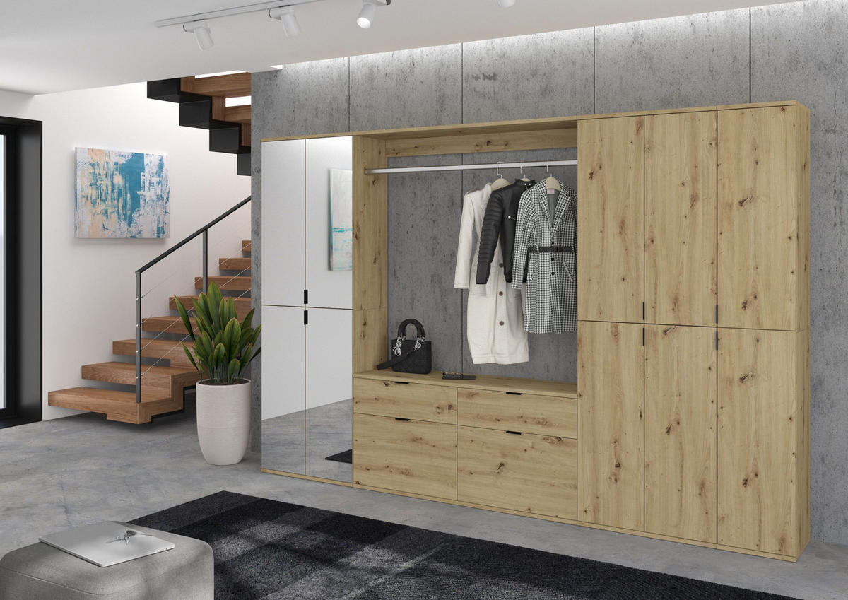 KOMMODE + Garderobenstange Projekt X Garderobe in Artisan Eiche Nachbildung B/H/T: 121x62x34 cm - Eiche Artisan, Holzwerkstoff (121/61/34cm)