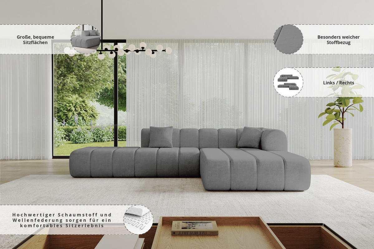 ROHOVÁ SEDAČKA s otomanem, pravá BILA-L 289x176x71 Šedá Velur - šedá/černá, kompozitní dřevo/textil (289/176cm) - ALTDECOR