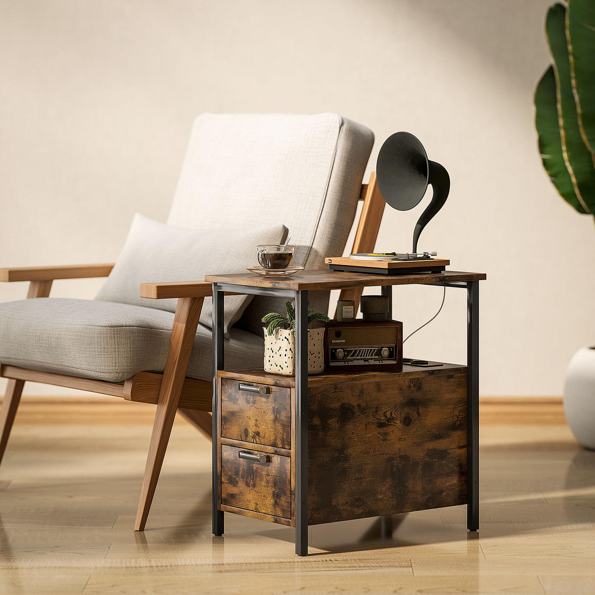 BEISTELLTISCH Couchtisch mit Aufladestation, USB-Anschlüssen und Steckdosen, Rustikal-Braun - Braun, Holzwerkstoff (35/55/58.5cm) - HOMCOM