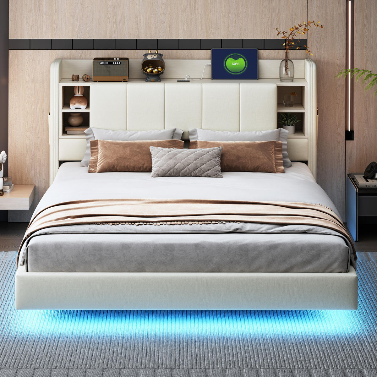 POLSTERBETT 160/200 cm Beige mit USB-Anschluss und LED-Beleuchtung - Beige, Textil (160/200cm) - OKWISH