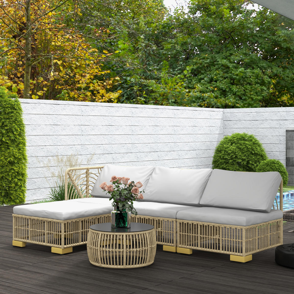 GARTENGARNITUR DE-06700 5-teilig, inkl. Sitzkissen, Kunstrattan Hellgrau - Beige/Grau, Kunststoff - ComfortXL