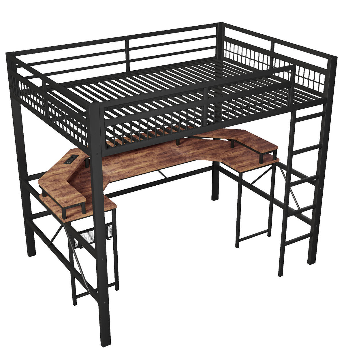 HOCHBETT 140/200 cm aus Metall/MDF mit Schreibtisch und LED-Lichtleiste Schwarz - Schwarz, Metall (140/200cm) - Modenvie