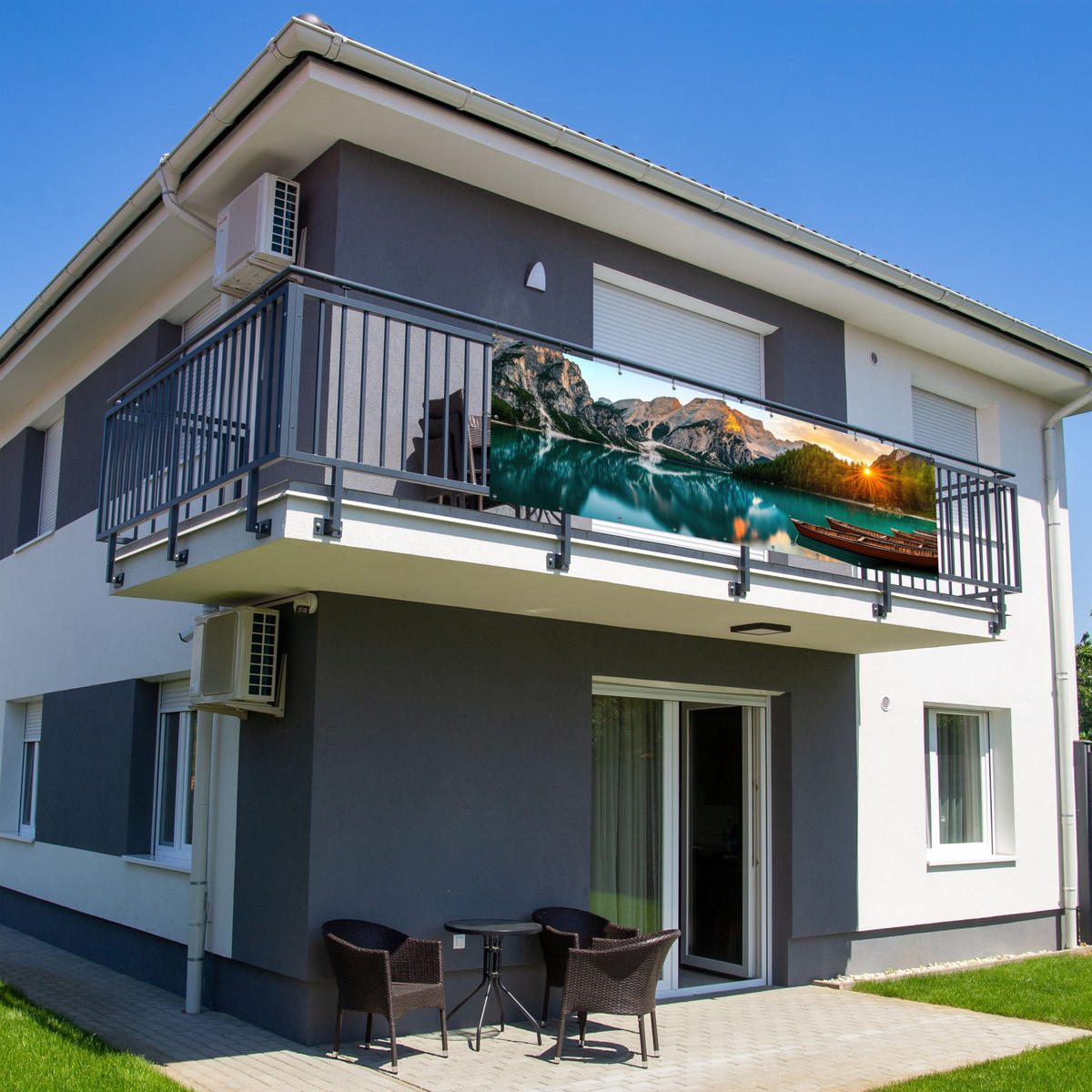 BALKON-SICHTSCHUTZ See - Berge - Sonnenuntergang - Boot - Petrol, Kunststoff (300/95cm) - MuchoWow
