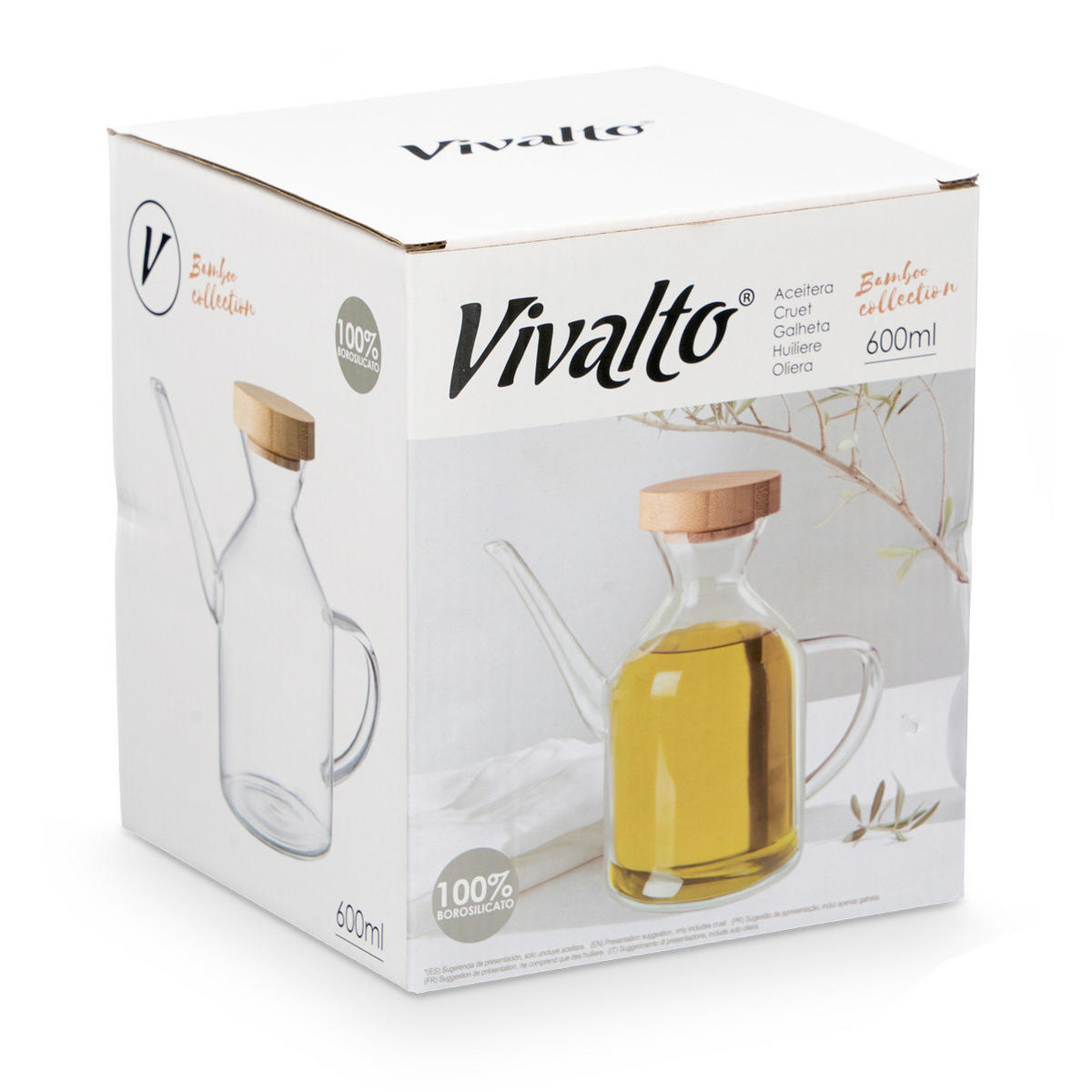 ÖLFLASCHE mit Bambusdeckel Intra 600 ml 16/8,8/16,5 cm - Transparent, Glas (8.8/16.5/16cm) - Vivalto