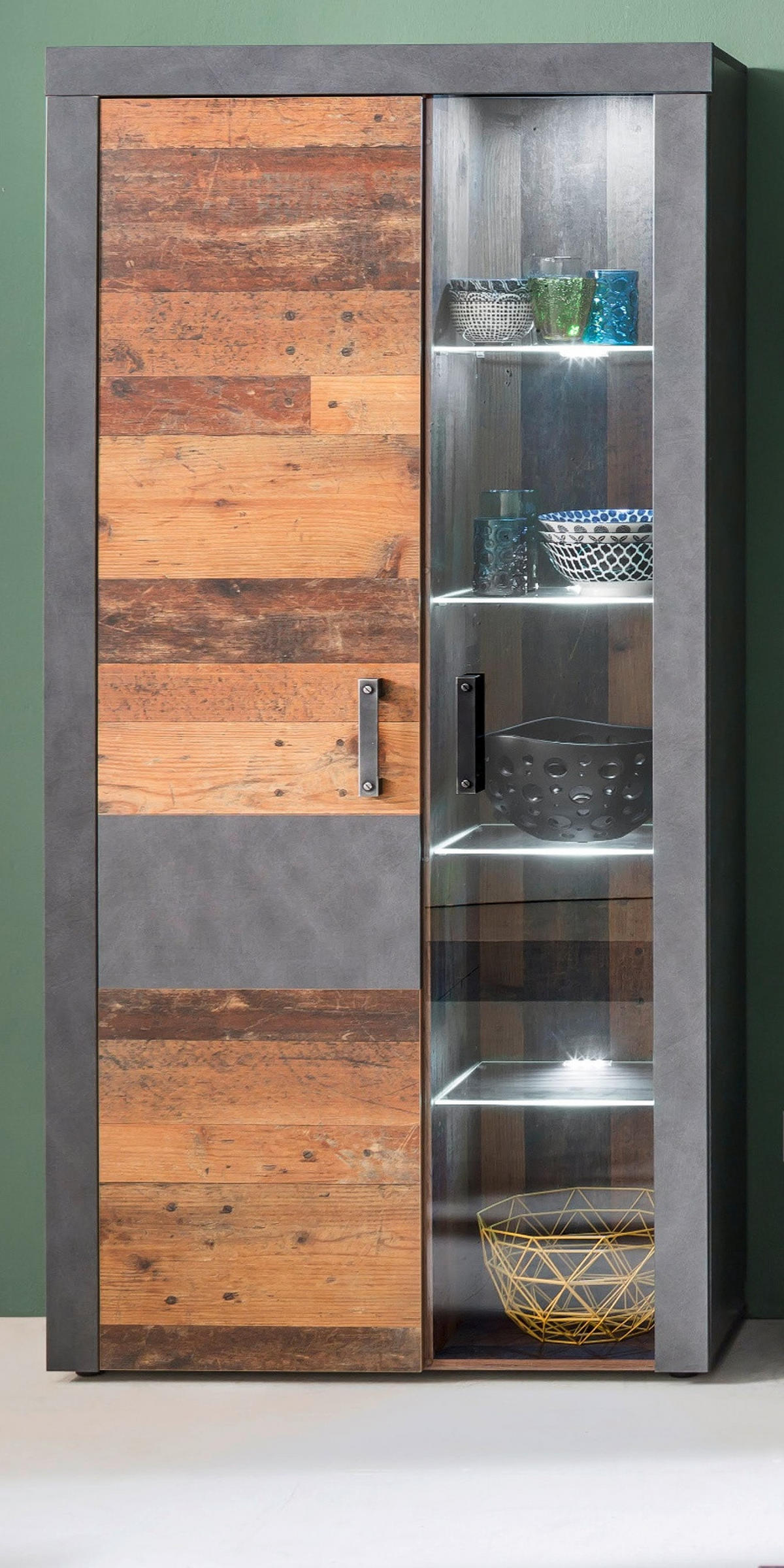 VITRINE Used Wood Altholz Design mit Grau, Vitrinenschrank mit LED Beleuchtung - Silberfarben/Schwarz, Glas/Holzwerkstoff (87/189/34cm) - Top.Furn