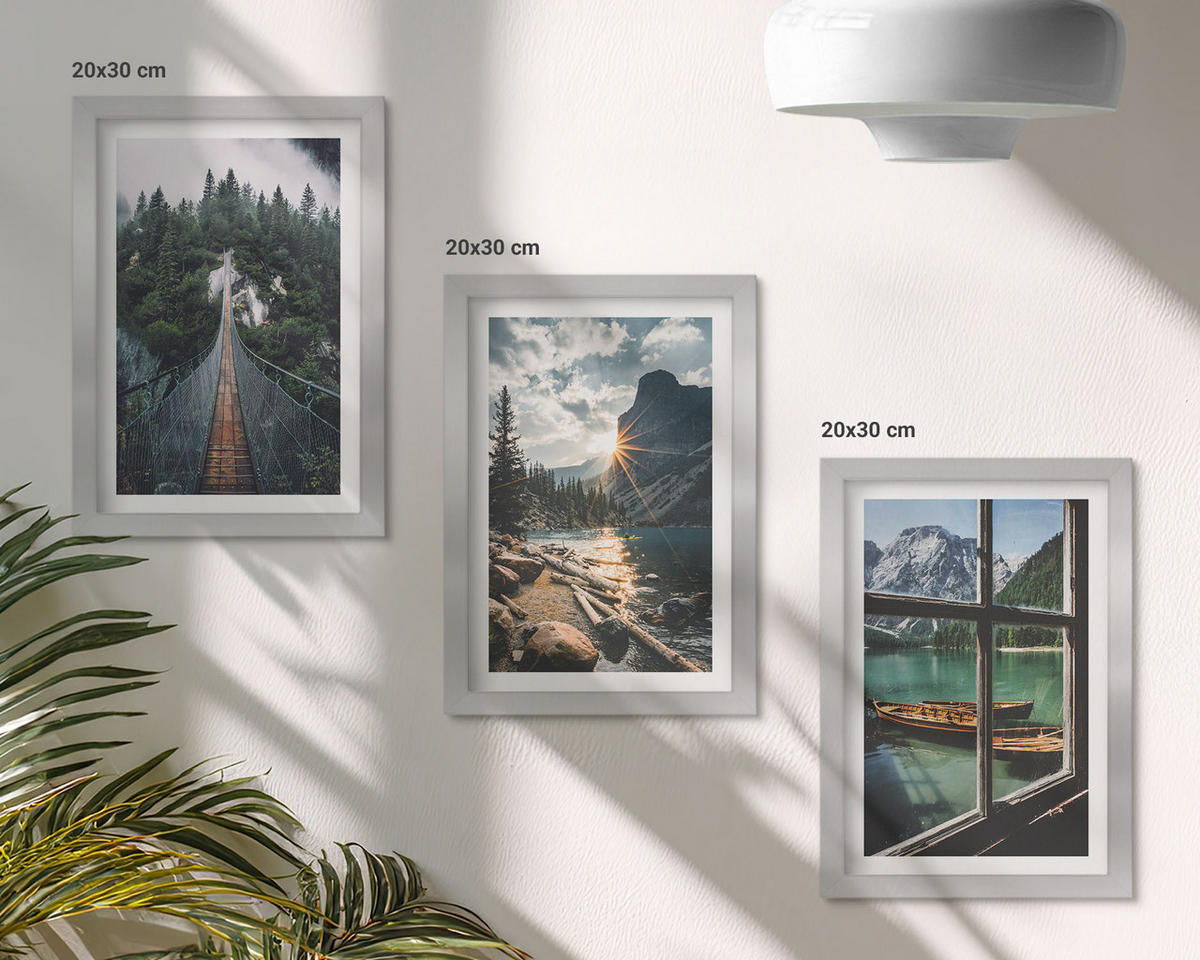 WANDBILDER 3er Set - 20x30 cm Silberner Rahmen - Brücke, Wald, See, Boote, Berge - Silberfarben, Kunststoff (20/30cm) - ArtPrintCave