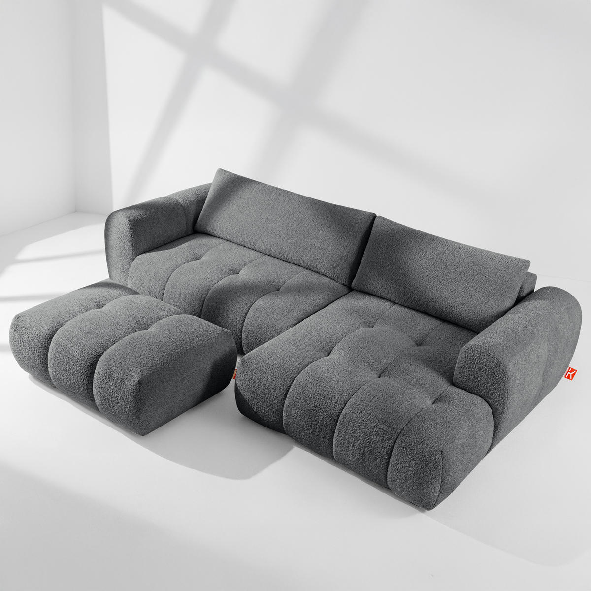 ECKSOFA MIT HOCKER LIRA, Dunkelgrau, Bouclé - Dunkelgrau, Holz/Holzwerkstoff (96/50cm) - KONSIMO®