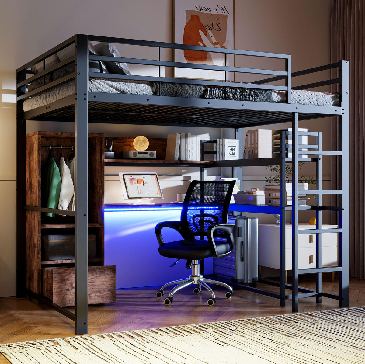 HOCHBETT 140/200 cm Schwarz aus Metall und MDF mit LED-Beleuchtung - Schwarz, Holzwerkstoff (140/200cm) - OKMYHOME