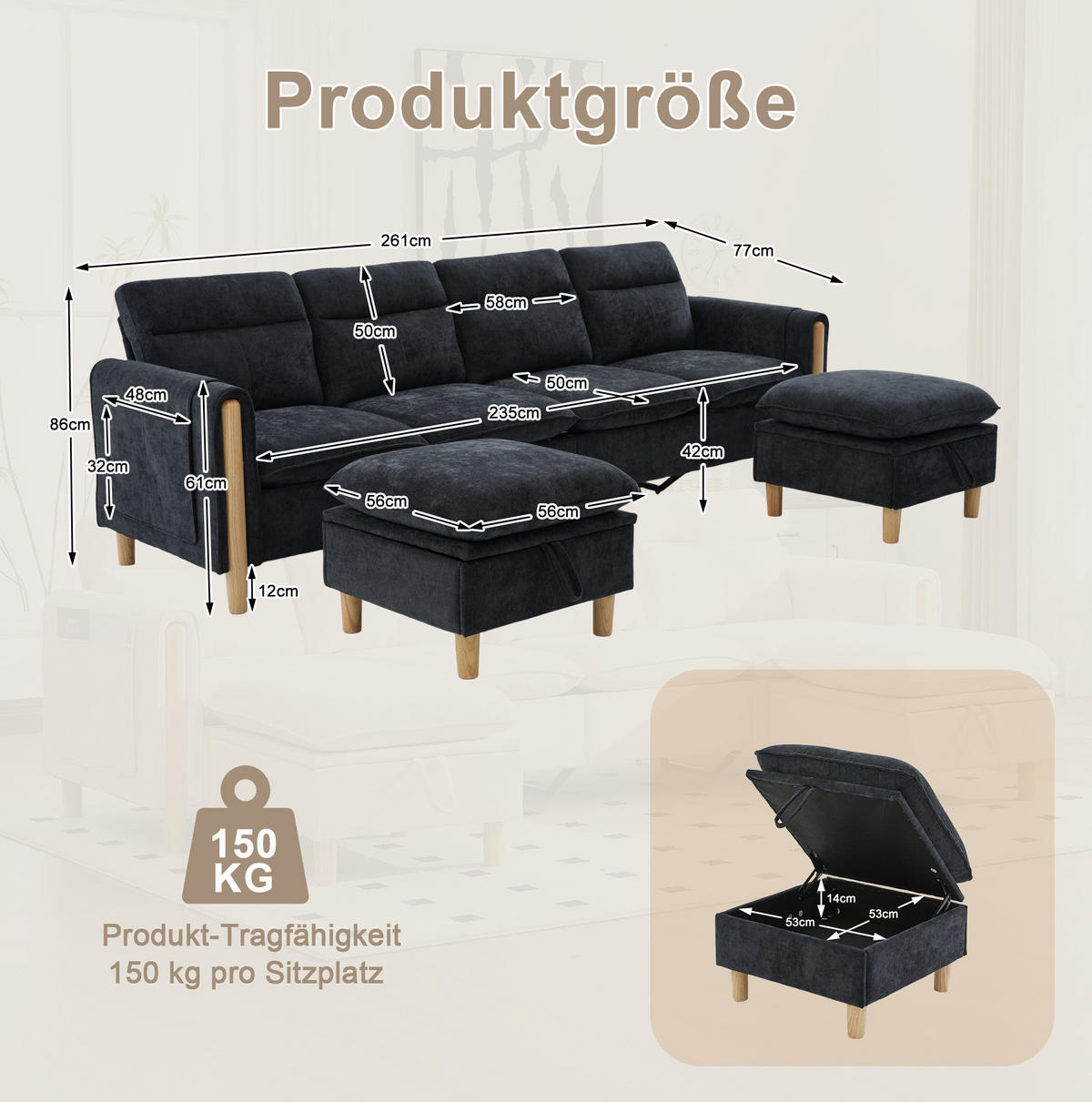 SOFA modular mit 2 Hockern und Stauraum 261 cm Chenille Schwarz - Schwarz, Holz (77/86/261cm) - Meubliv