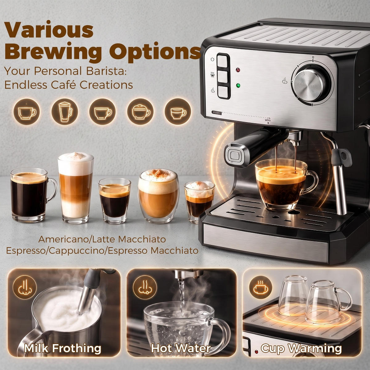 ESPRESSOMASCHINE 20 Bar mit Milchaufschäumer Schwarz - Schwarz, Metall (22/28/29cm) - Rolipo