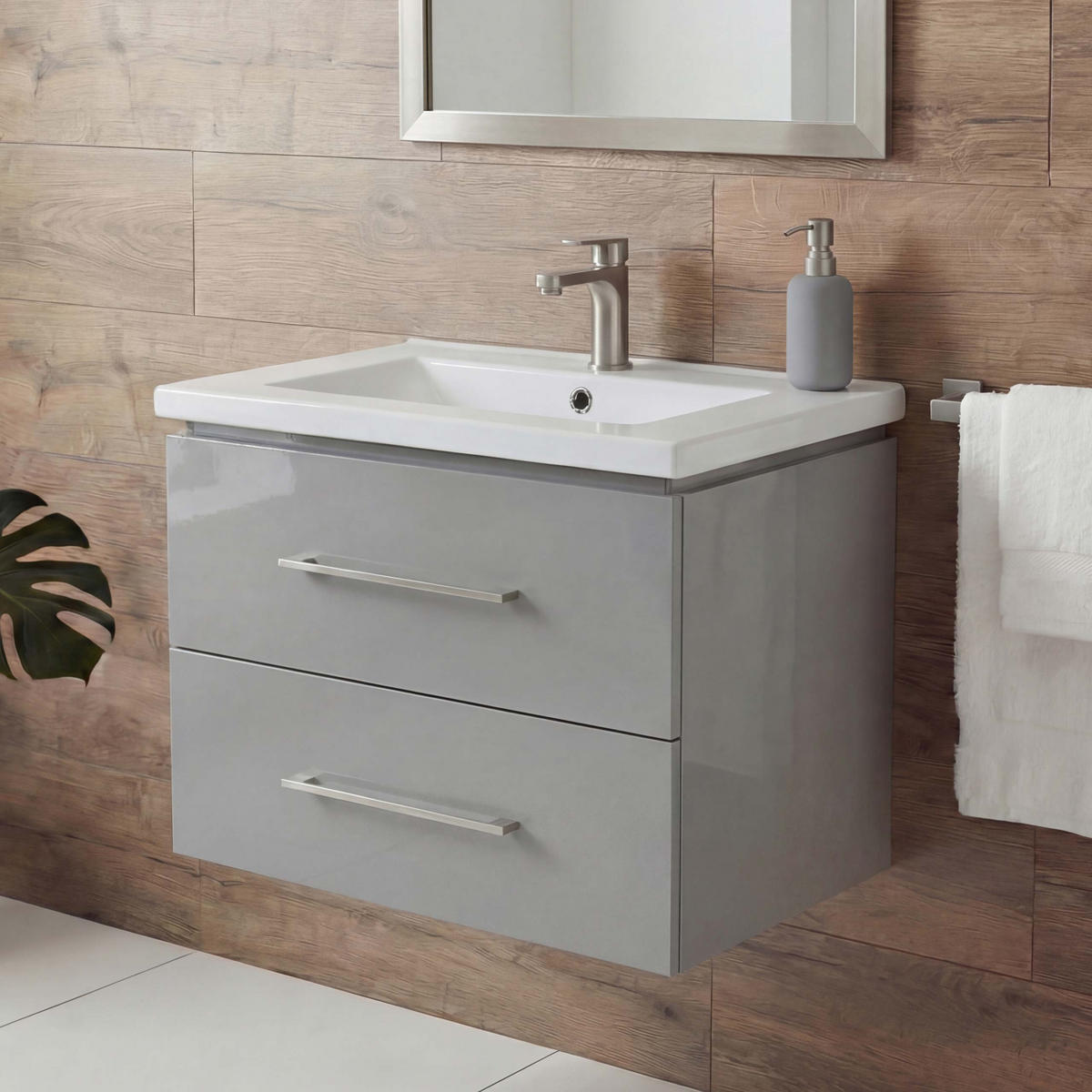 PREMIUM WASCHBECKEN+UNTERSCHRANK Hochglanz Hellgrau - Grau, Keramik (61/54/48cm) - MCW