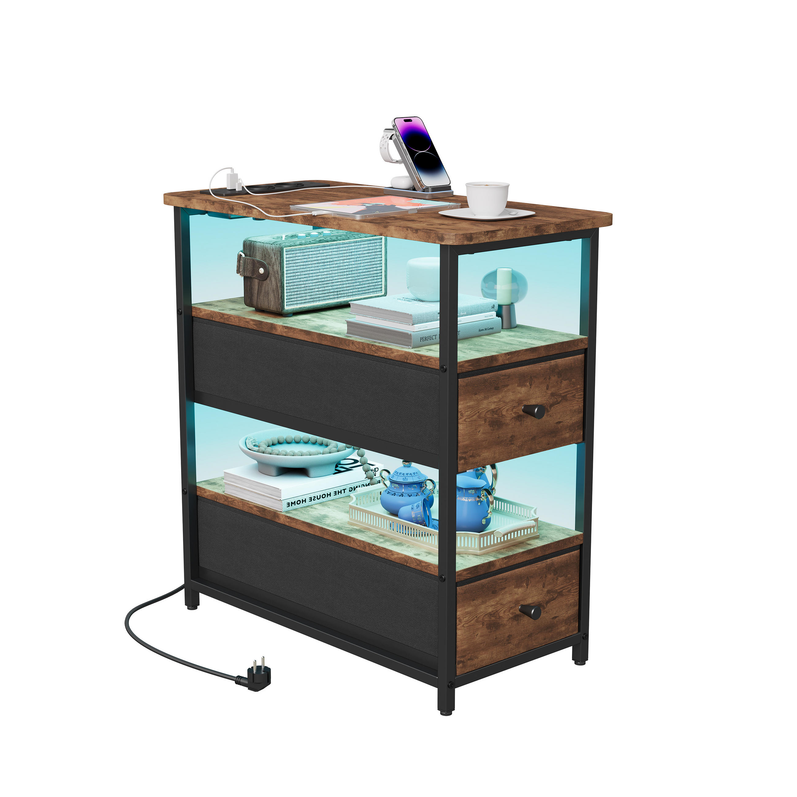 NACHTTISCH LED USB 2 Schubladen 2 Fächer Vintage braun - Braun, Holz (58/28/60.5cm) - LEBENLANG