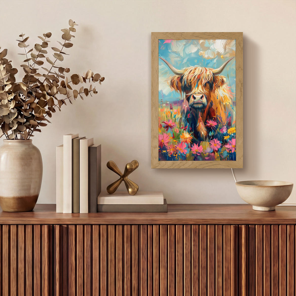 NÁSTĚNNÁ LAMPA Skotský horal - Příroda - Barevné - Květiny 20x30 cm - různobarevná, kompozitní dřevo (20/30/8cm) - OnlyWow