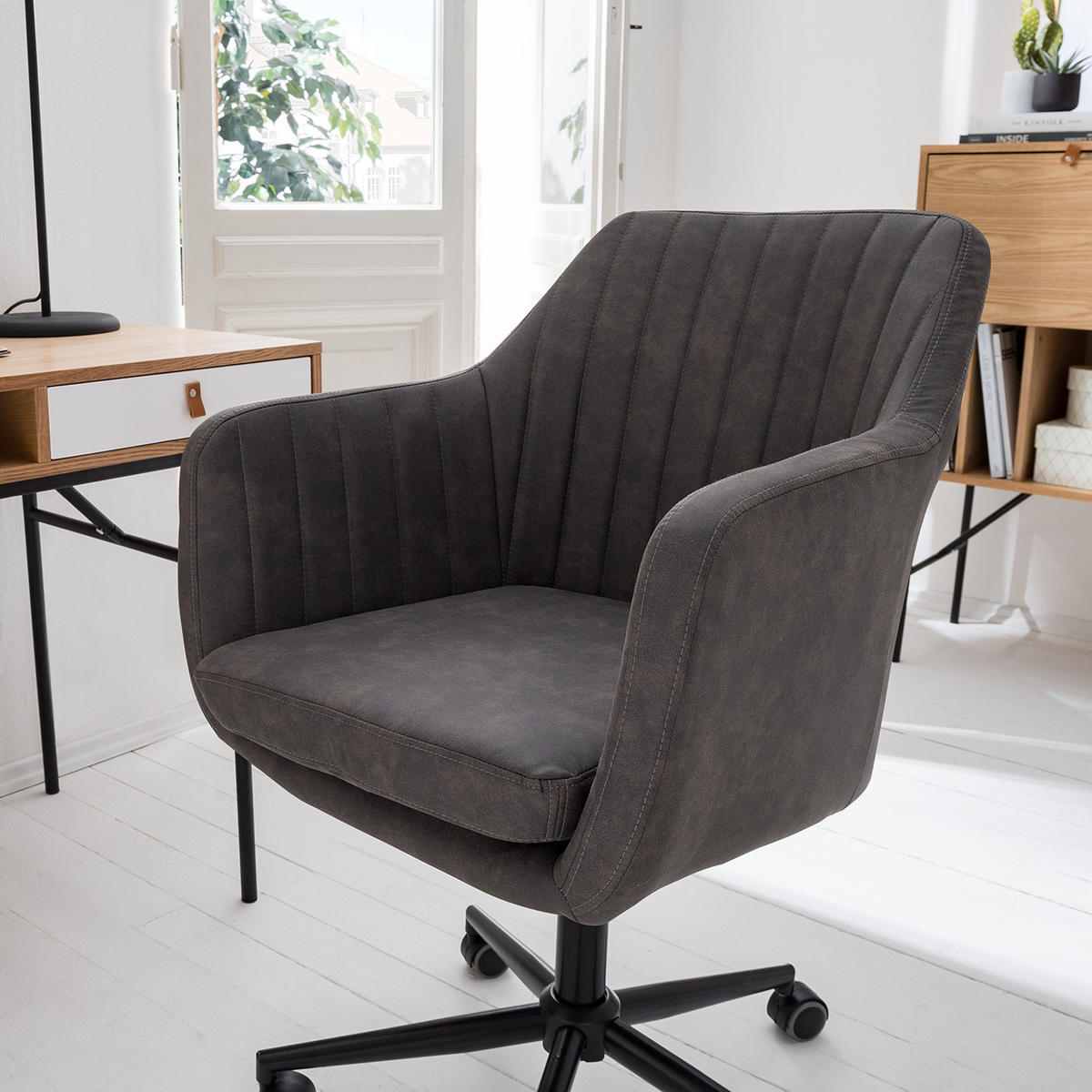 BÜRODREHSTUHL - Kunstleder / Stahl, Vintage Grau / Schwarz - Grau, Kunststoff (60/95/61cm) - home24