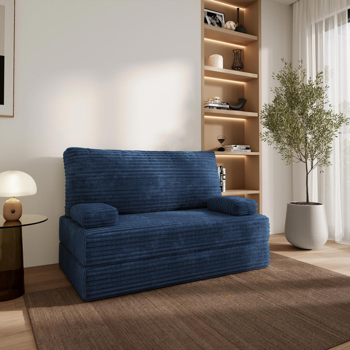 BETTSOFA LADIA aus Schaumstoff Cordstoff Blau Schlaffunktion - Blau, Textil (140/86/60cm) - MASSENO