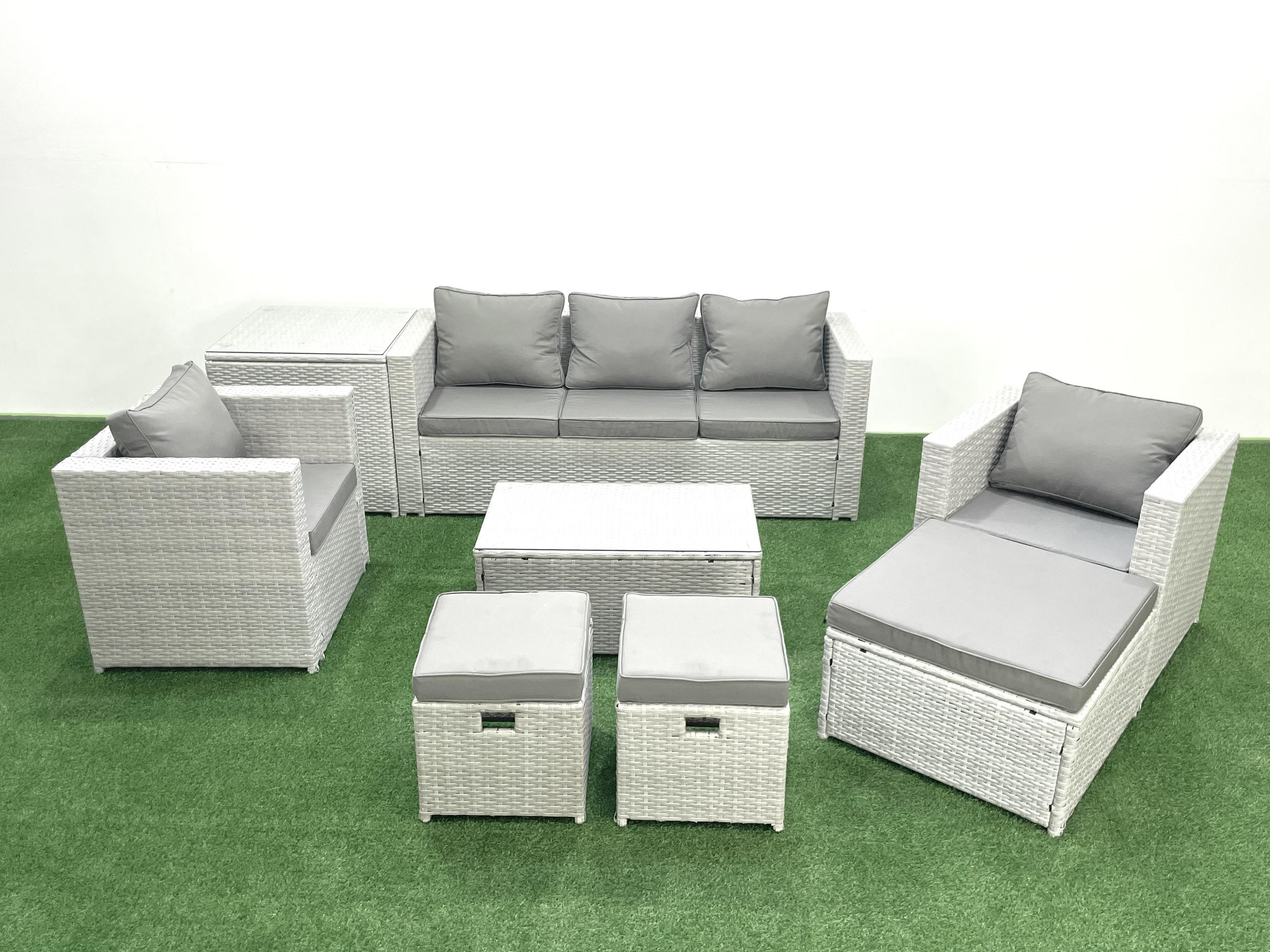 GARTENMÖBELSET mit 3-SITZER SOFA,COUCHTISCH Polyrattan Hellgrau-Mix 8-Sitzer - Hellgrau/Grau, Glas/Kunststoff - Fimous