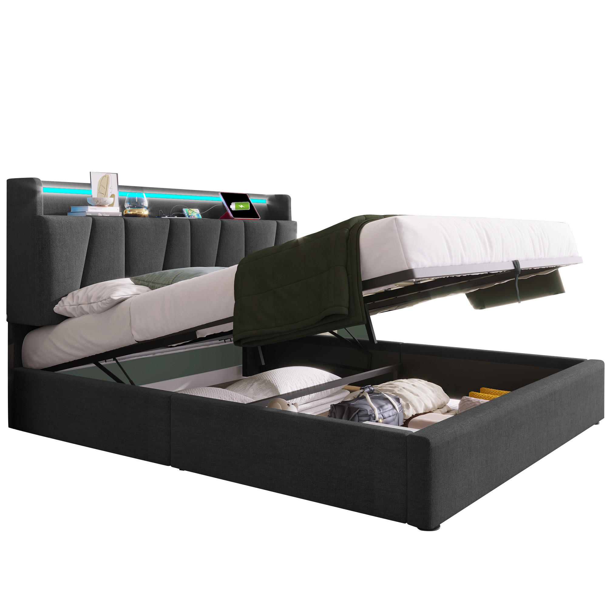 POLSTERBETT 140/200 cm mit Matratze, LED-Beleuchtung, USB, Type-C, Steckdosen und Bettkasten, Grau - Grau, Textil - Redom