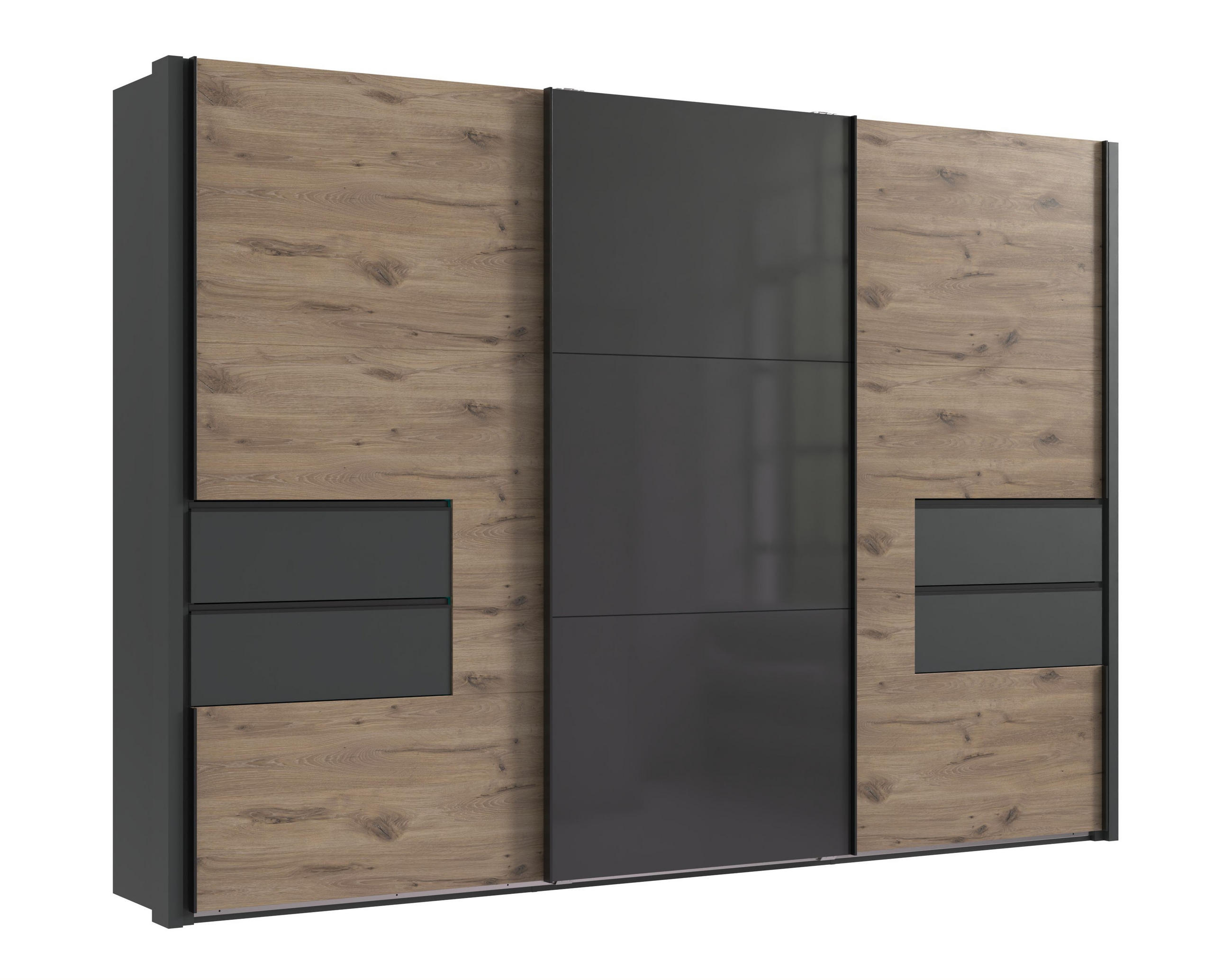 SCHWEBETÜRENSCHRANK B312/H216/T65 cm, Korpus+Passepartout+Schubladen Grafit, Türen eichefarben / Glas Grau / Spiegel, inkl. Vollausstattung / 22065 - Eichefarben/Schwarz, Holzwerkstoff/Metall (312/216/65cm) - luma-home