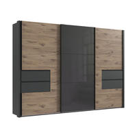 SCHWEBETÜRENSCHRANK B312/H216/T65 cm, Korpus+Passepartout+Schubladen Grafit, Türen eichefarben / Glas Grau / Spiegel, inkl. Vollausstattung / 22065 - Eichefarben/Schwarz, Holzwerkstoff/Metall (312/216/65cm) - luma-home